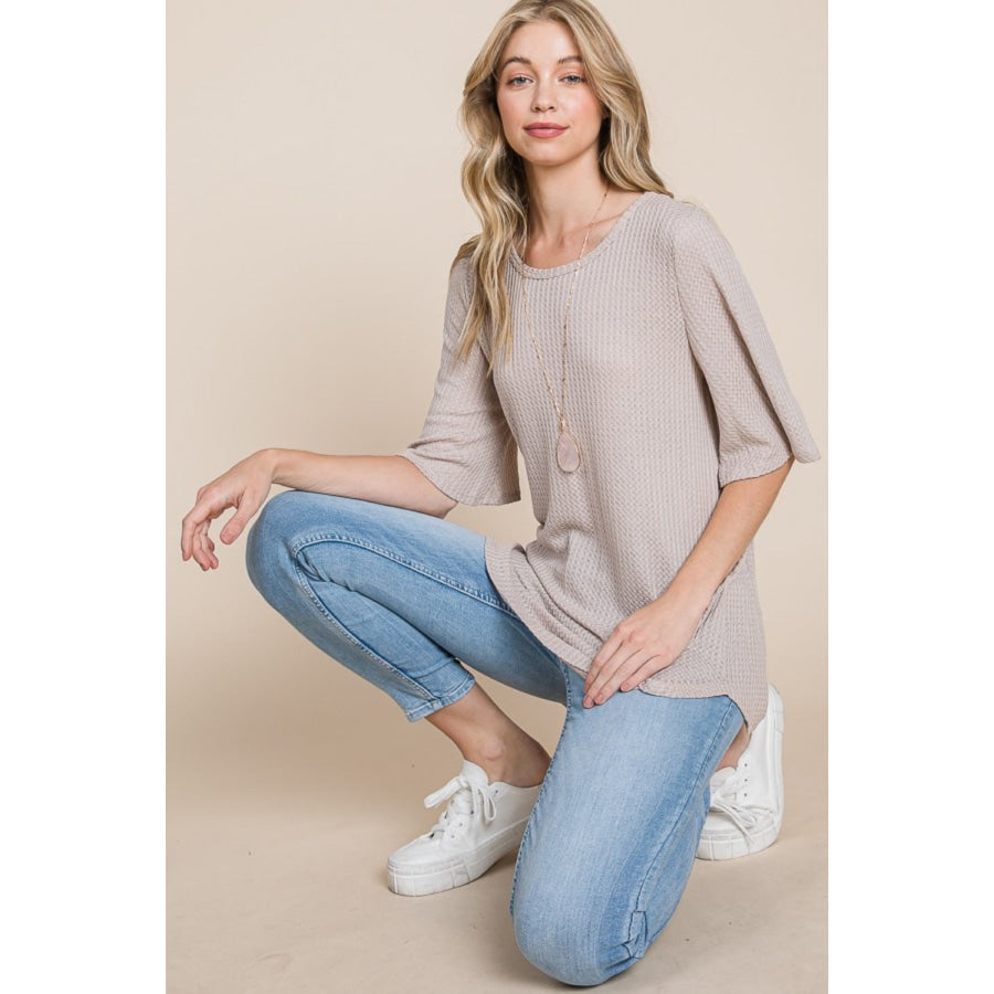 BOMBOM Round Neck Waffle Knit T-Shirt Apparel and Accessories