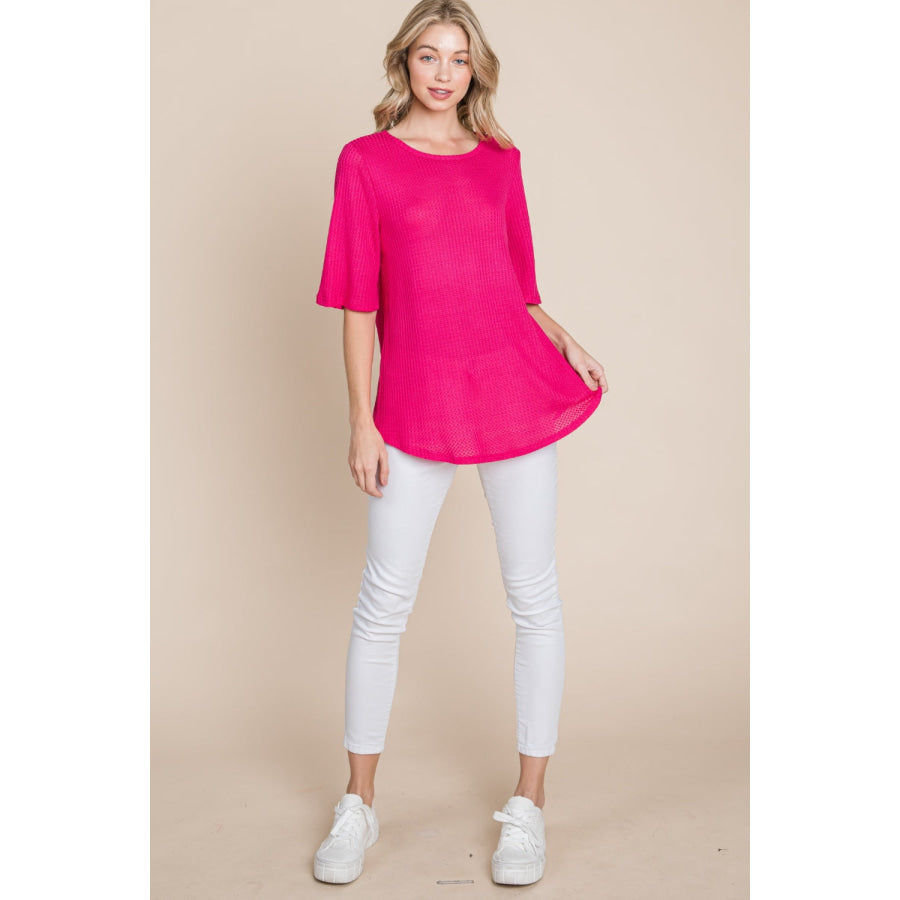 BOMBOM Round Neck Waffle Knit T-Shirt Apparel and Accessories