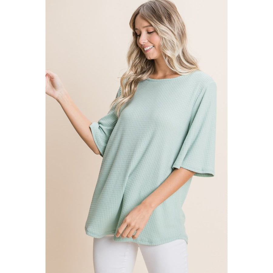 BOMBOM Round Neck Waffle Knit T-Shirt Apparel and Accessories