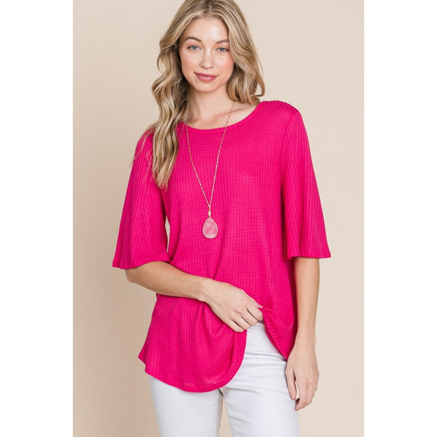 BOMBOM Round Neck Waffle Knit T-Shirt Fuchsia / S Apparel and Accessories