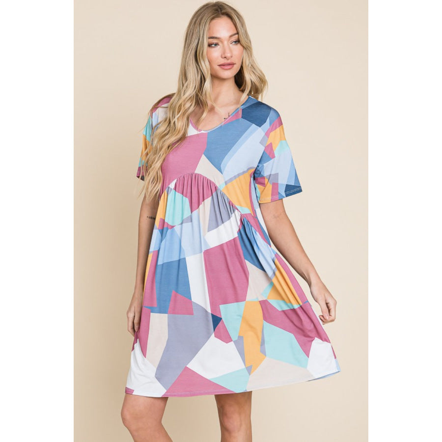 BOMBOM Ruched Color Block Short Sleeve Dress Multicolor / S Apparel and Accessories