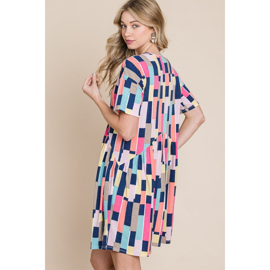 BOMBOM Ruched Color Block Short Sleeve Mini Dress Multicolor / S Apparel and Accessories