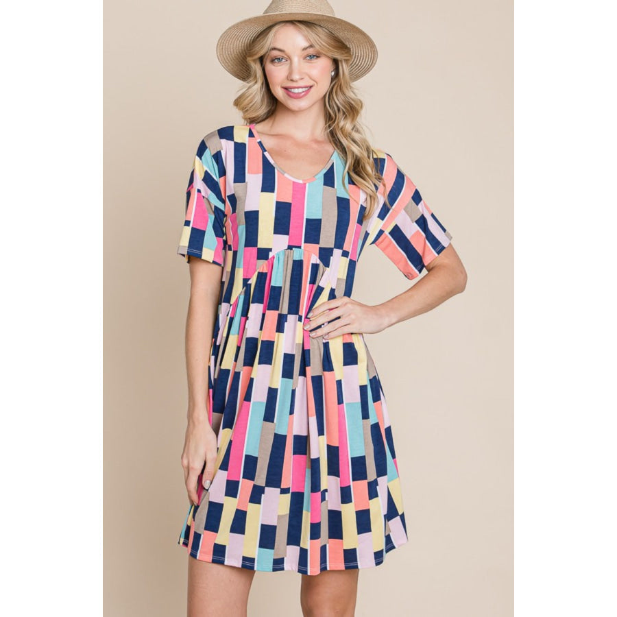 BOMBOM Ruched Color Block Short Sleeve Mini Dress Multicolor / S Apparel and Accessories