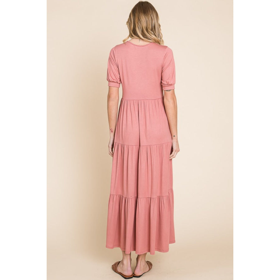 BOMBOM Short Sleeve Tiered Maxi Dress Brick / S Apparel and Accessories