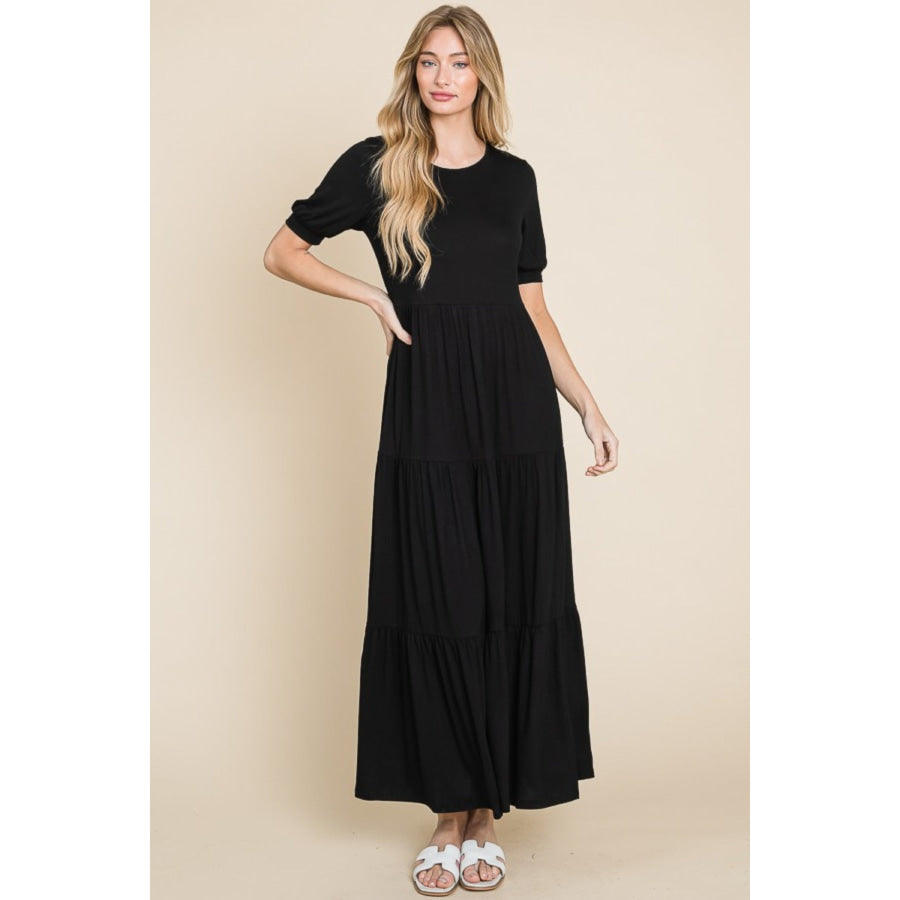 BOMBOM Short Sleeve Tiered Maxi Dress Black / S Apparel and Accessories