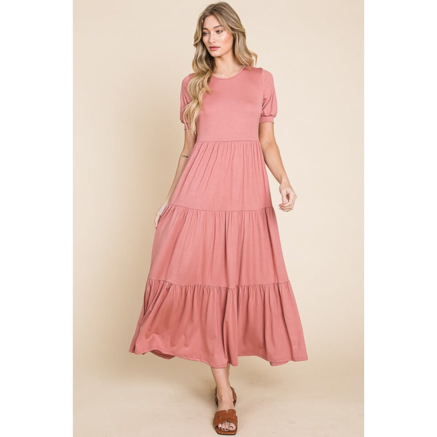 BOMBOM Short Sleeve Tiered Maxi Dress Brick / S Apparel and Accessories