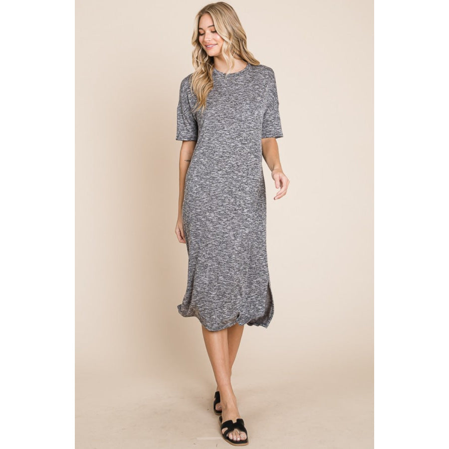 BOMBOM Slit Round Neck Half Sleeve Midi Dress Grey / S Apparel and Accessories