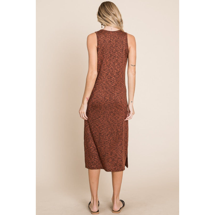 BOMBOM Slit Round Neck Sleeveless Midi Dress Rust / S Apparel and Accessories