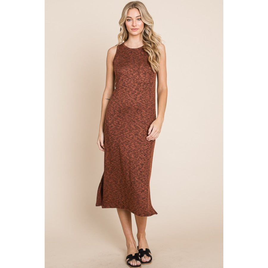 BOMBOM Slit Round Neck Sleeveless Midi Dress Rust / S Apparel and Accessories