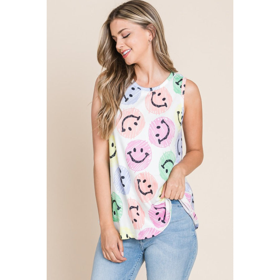 BOMBOM Smiley Face Round Neck Tank Apparel and Accessories