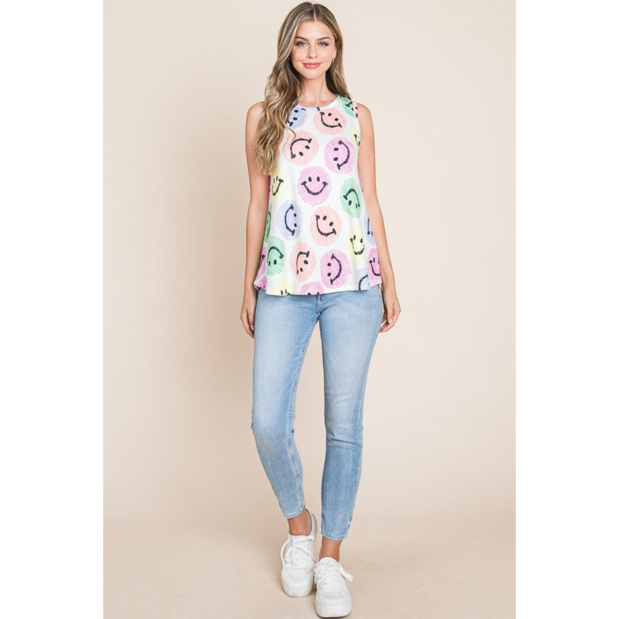 BOMBOM Smiley Face Round Neck Tank Apparel and Accessories