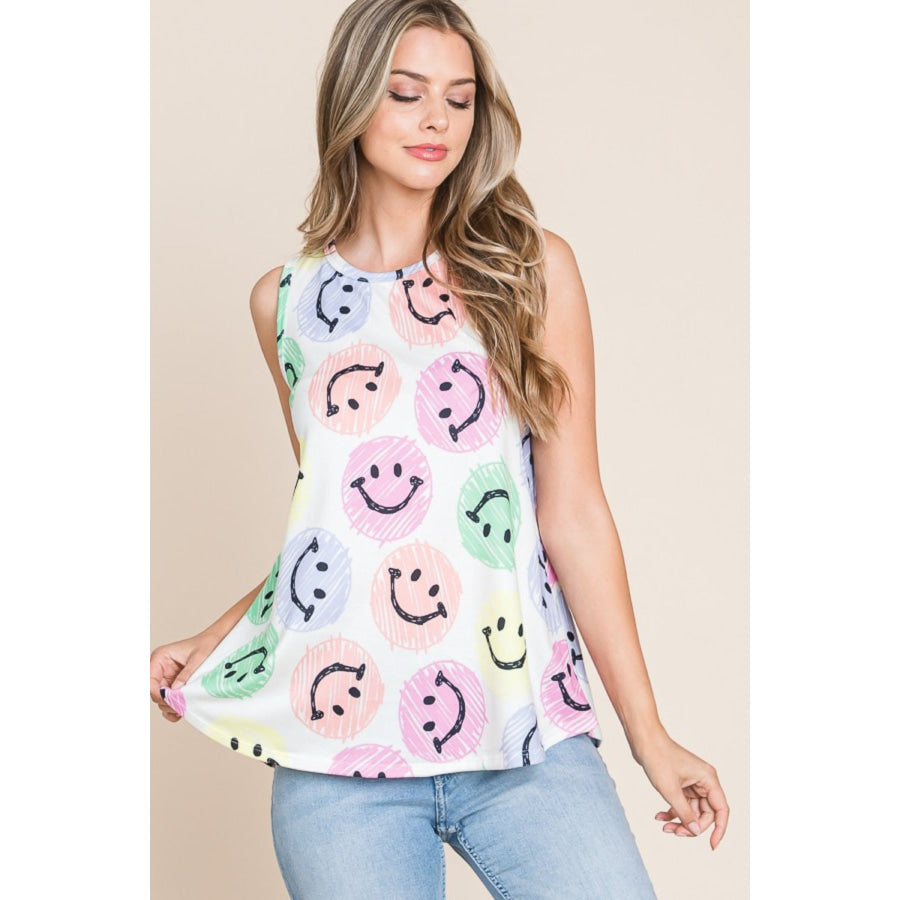 BOMBOM Smiley Face Round Neck Tank Apparel and Accessories