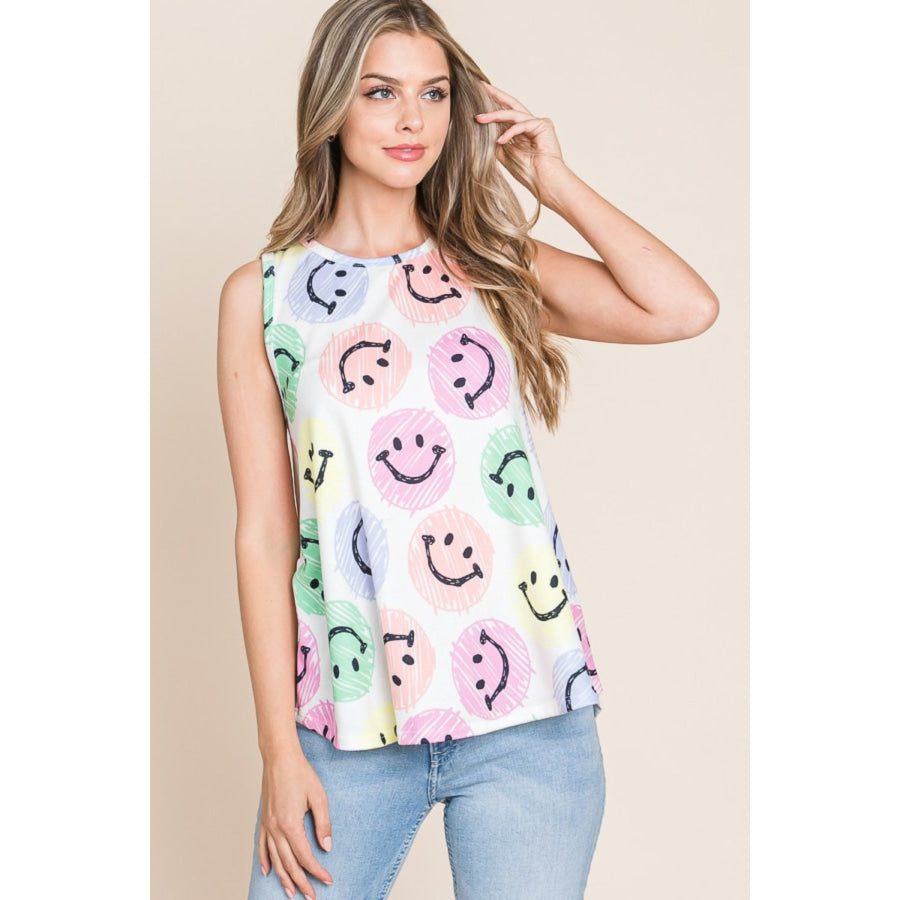 BOMBOM Smiley Face Round Neck Tank Ivory / S Apparel and Accessories