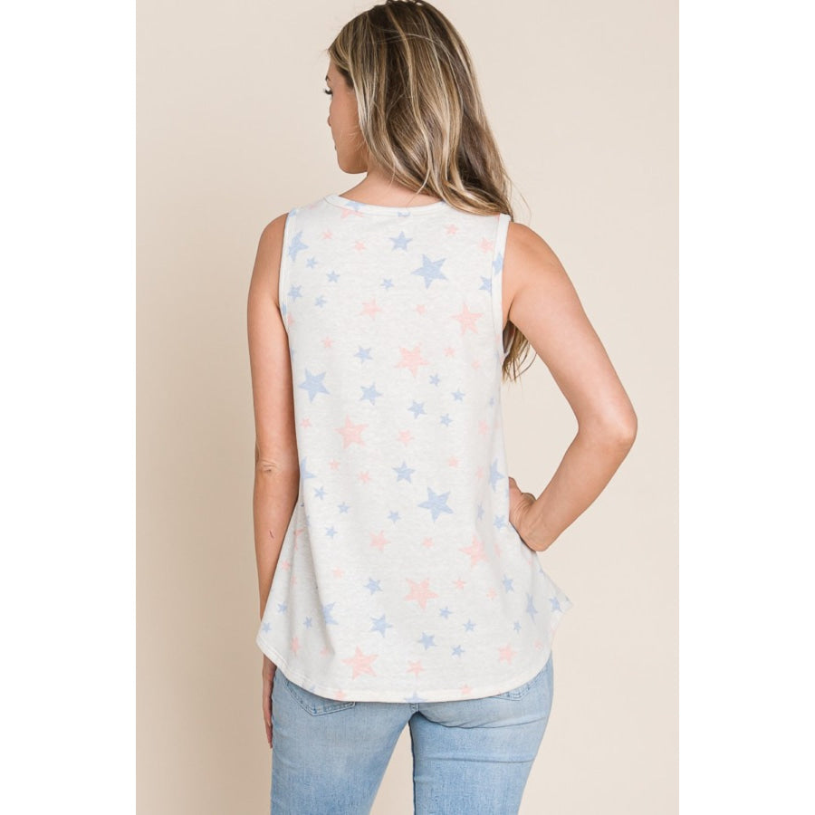 BOMBOM Star Print Round Neck Tank Beige / S Apparel and Accessories