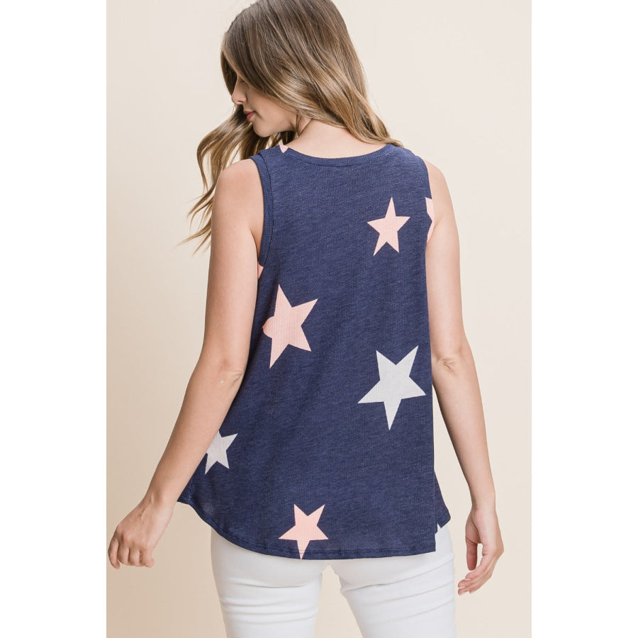 BOMBOM Star Print Round Neck Tank Navy / S Apparel and Accessories