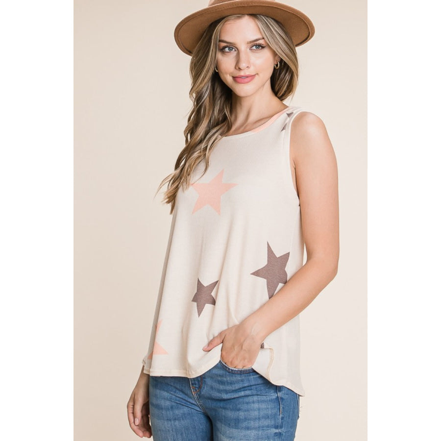 BOMBOM Star Print Round Neck Tank Beige / S Apparel and Accessories