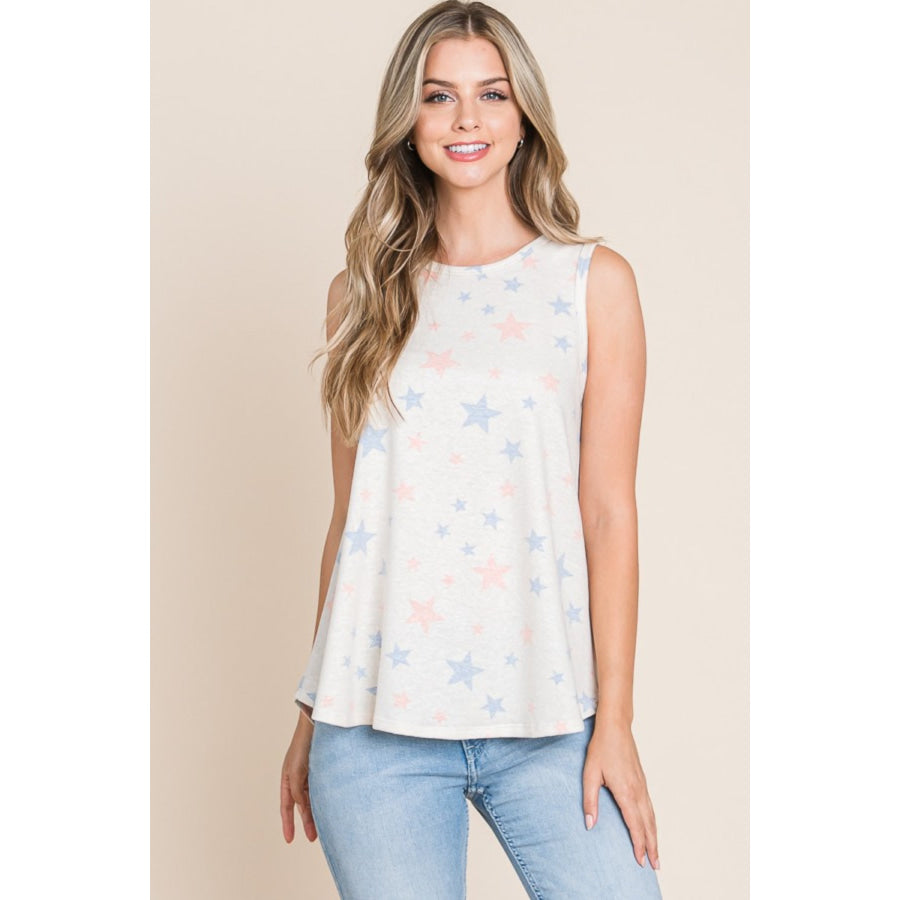 BOMBOM Star Print Round Neck Tank Beige / S Apparel and Accessories