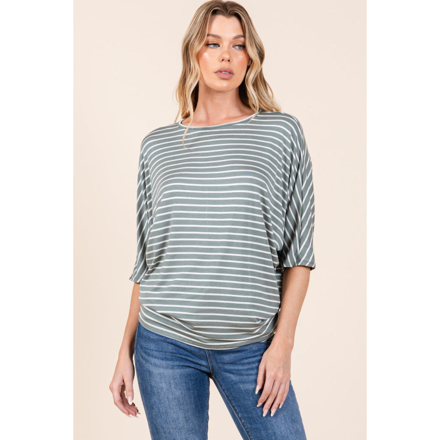 BOMBOM Striped Boat Neck Dolman Sleeve Top Apparel and Accessories