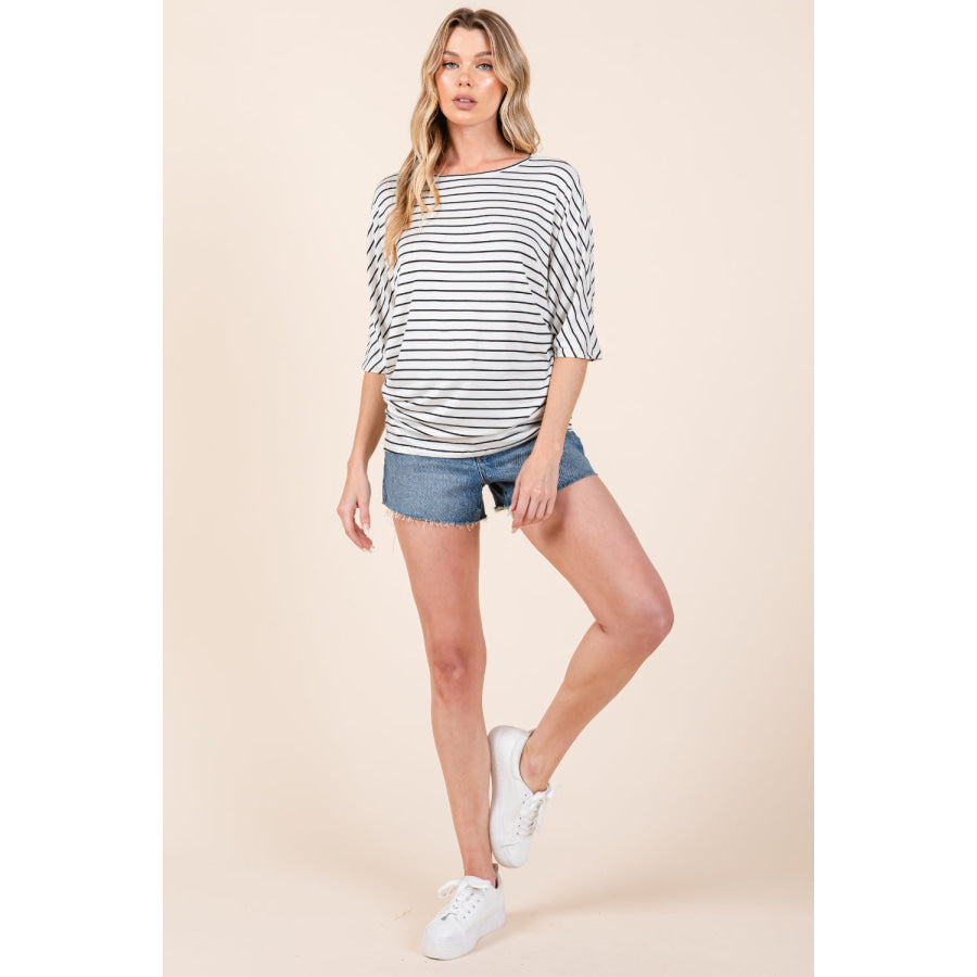 BOMBOM Striped Boat Neck Dolman Sleeve Top Apparel and Accessories