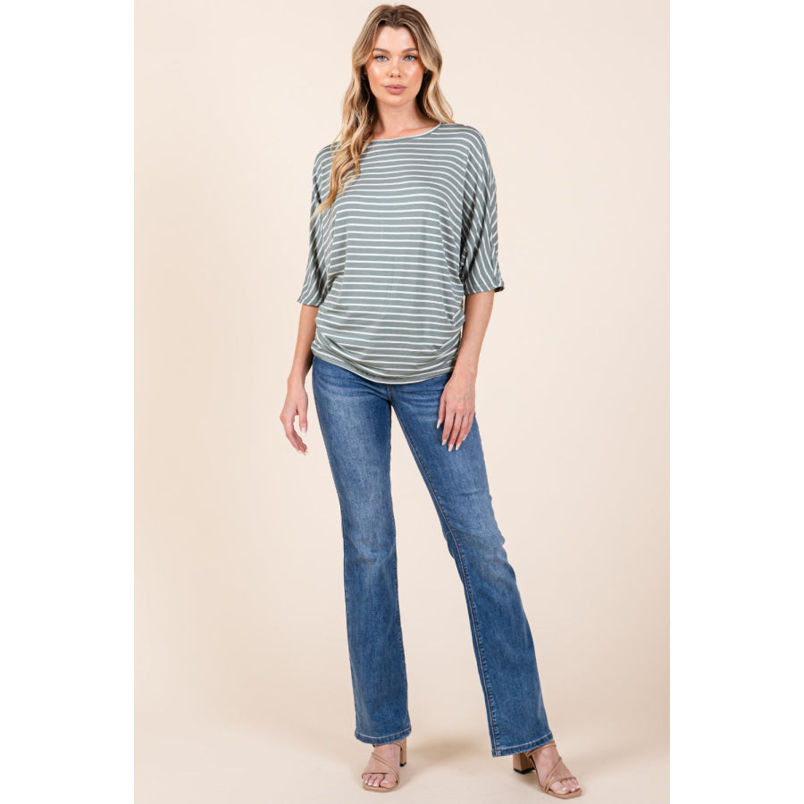 BOMBOM Striped Boat Neck Dolman Sleeve Top Apparel and Accessories