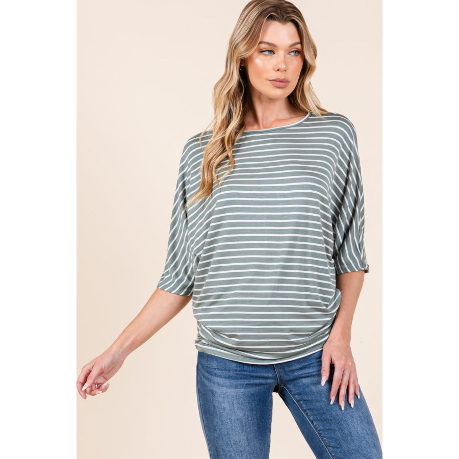 BOMBOM Striped Boat Neck Dolman Sleeve Top Apparel and Accessories