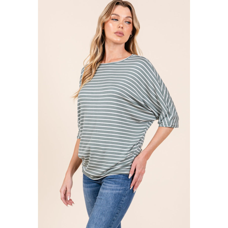 BOMBOM Striped Boat Neck Dolman Sleeve Top Apparel and Accessories