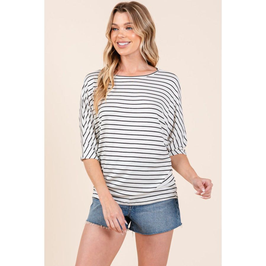 BOMBOM Striped Boat Neck Dolman Sleeve Top Apparel and Accessories