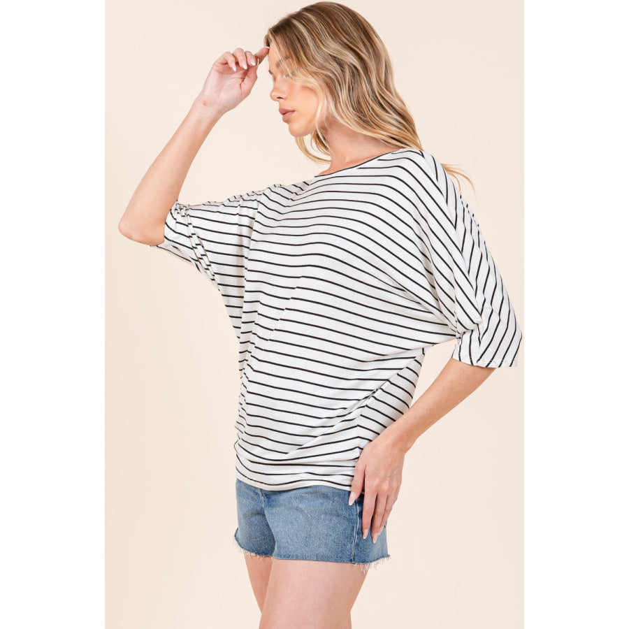 BOMBOM Striped Boat Neck Dolman Sleeve Top Apparel and Accessories