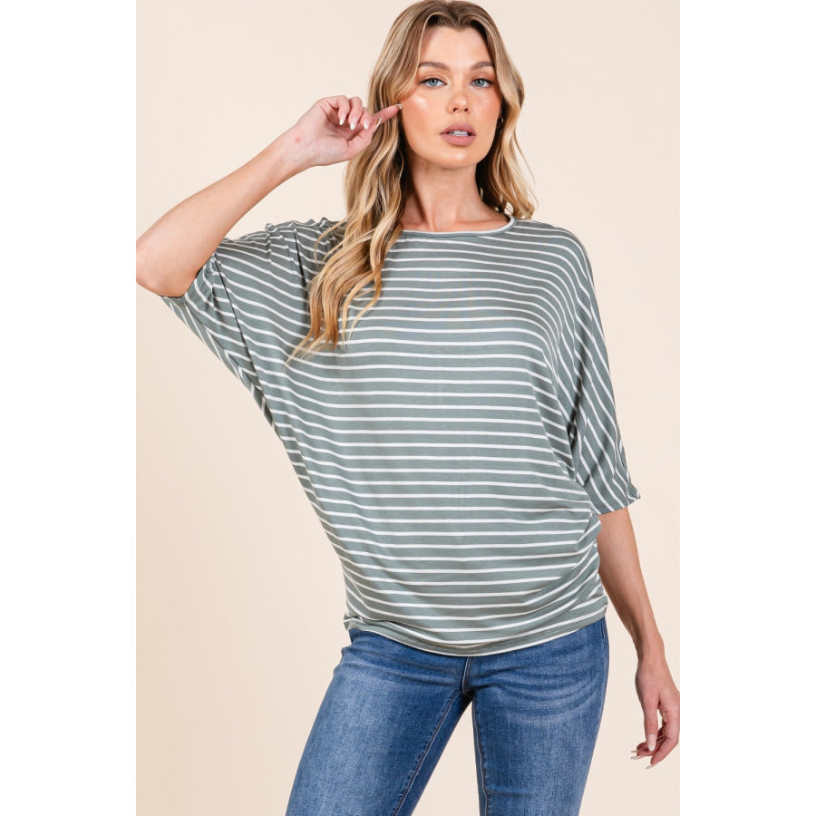 BOMBOM Striped Boat Neck Dolman Sleeve Top Dusty Olive / S Apparel and Accessories