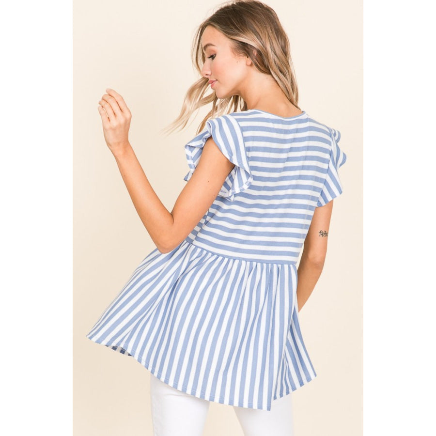BOMBOM Striped Round Neck Blouse Blue / S Apparel and Accessories