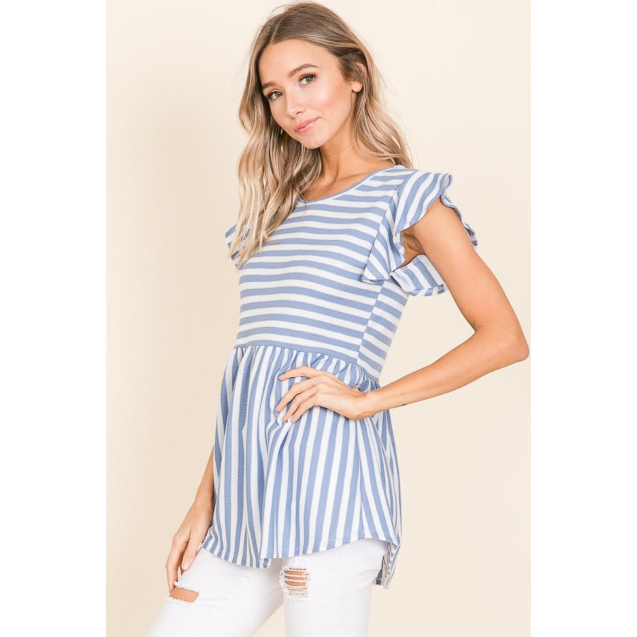 BOMBOM Striped Round Neck Blouse Apparel and Accessories