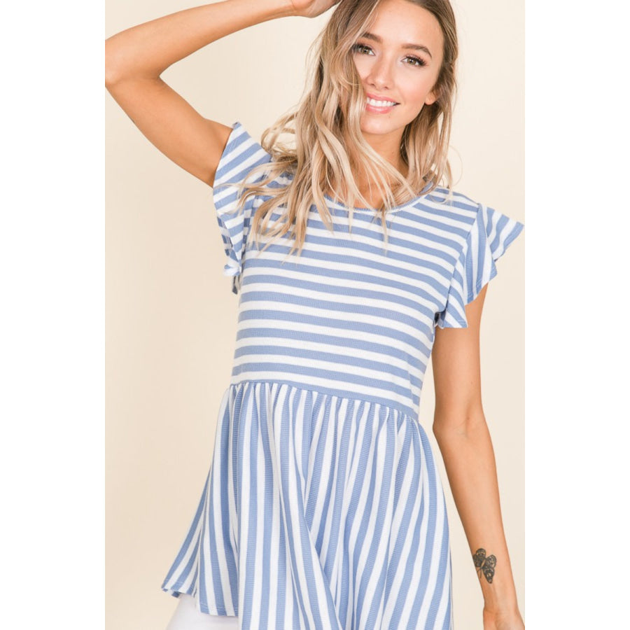 BOMBOM Striped Round Neck Blouse Apparel and Accessories