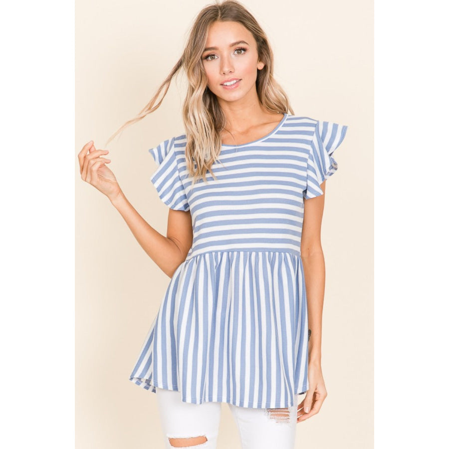 BOMBOM Striped Round Neck Blouse Blue / S Apparel and Accessories