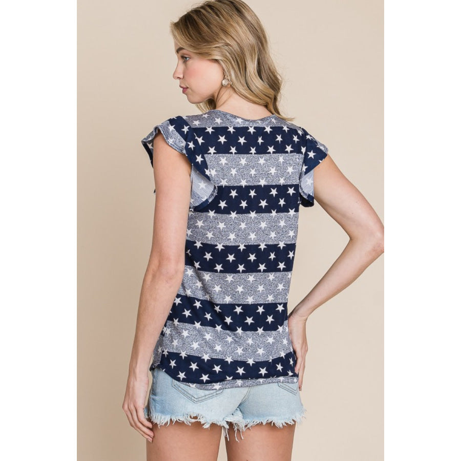 BOMBOM Striped Round Neck Cap Sleeve T - Shirt Dark Navy / S Apparel and Accessories