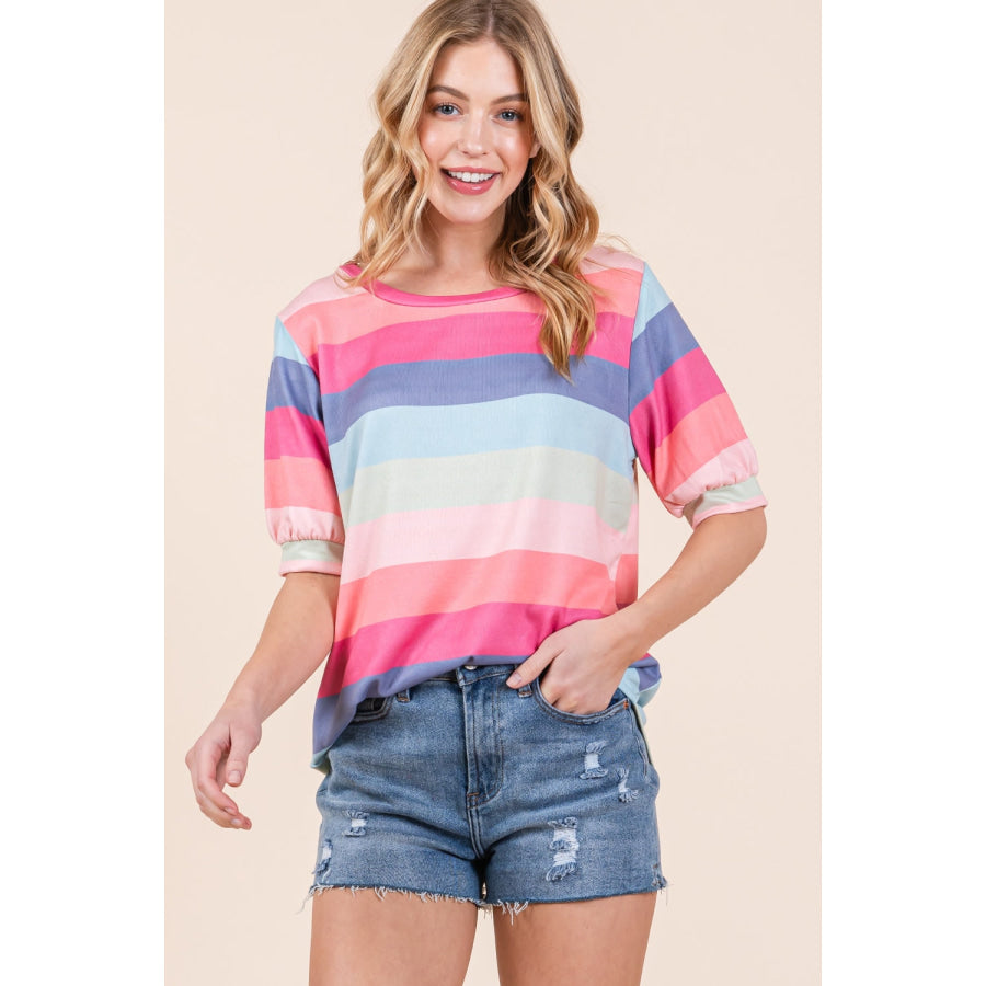 BOMBOM Striped Round Neck Half Sleeve T-Shirt Apparel and Accessories