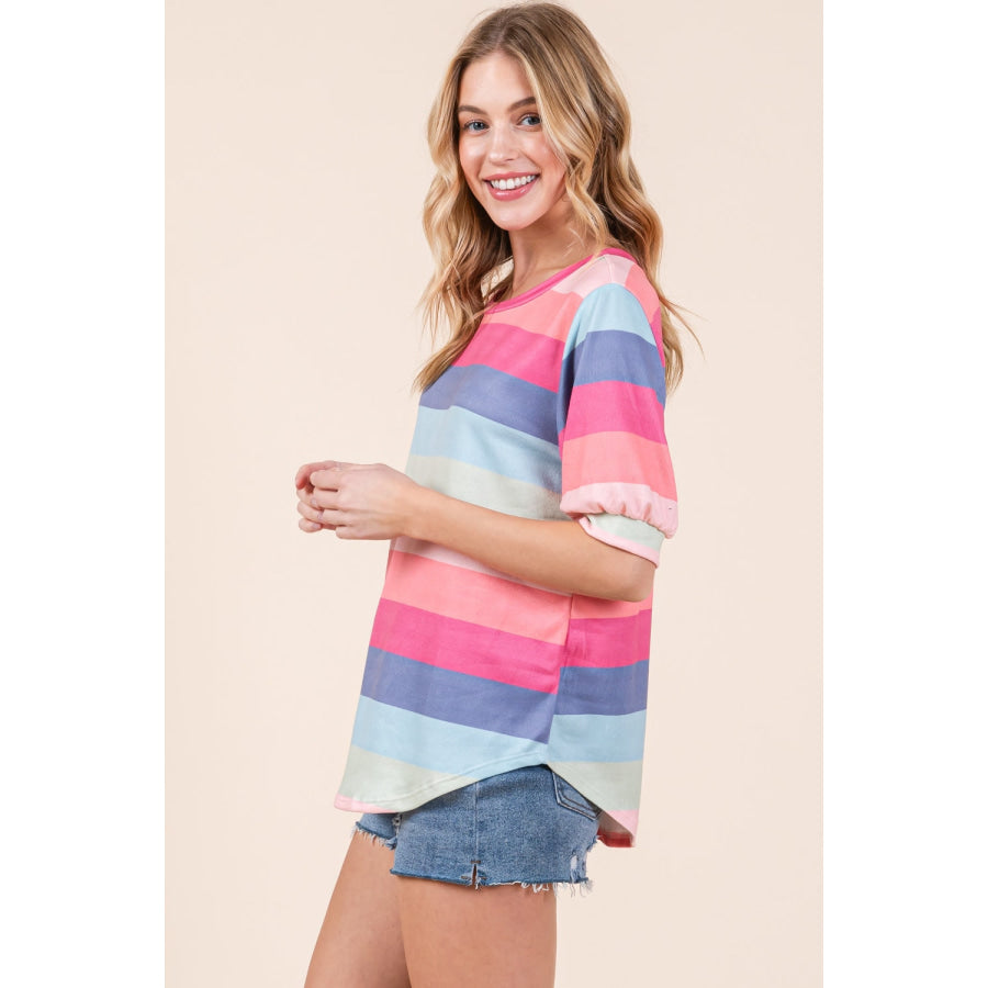 BOMBOM Striped Round Neck Half Sleeve T-Shirt Apparel and Accessories