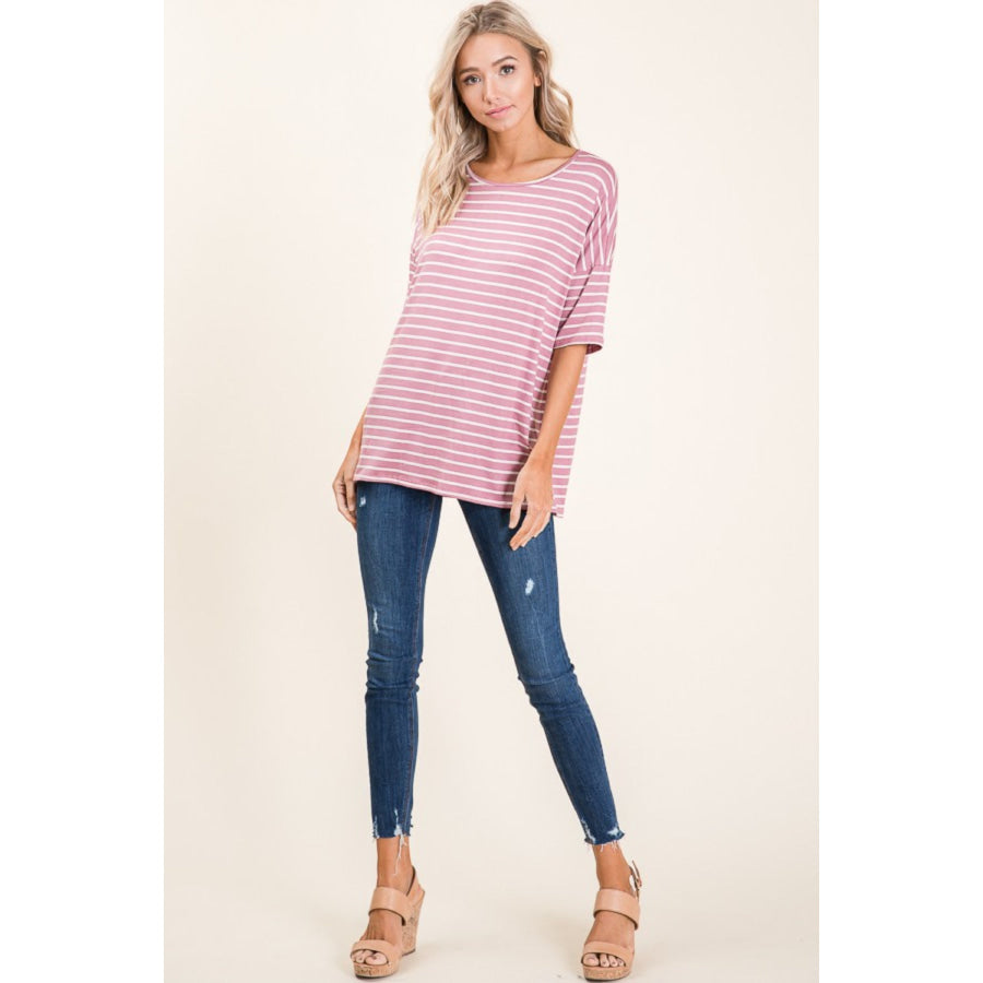 BOMBOM Striped Round Neck Half Sleeve T-Shirt Apparel and Accessories