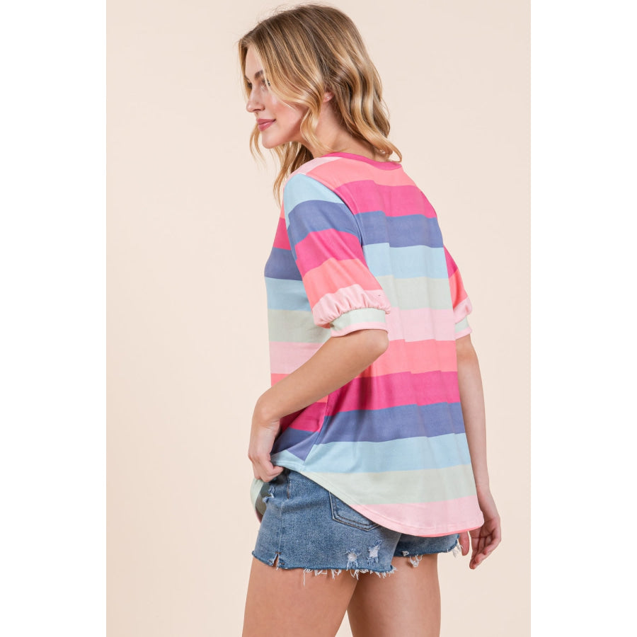 BOMBOM Striped Round Neck Half Sleeve T-Shirt Multicolor / S Apparel and Accessories