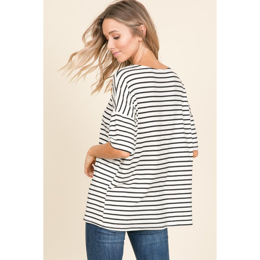 BOMBOM Striped Round Neck T - Shirt Apparel and Accessories