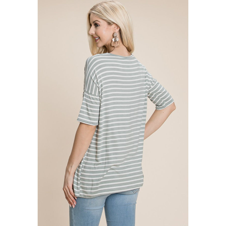 BOMBOM Striped Round Neck T-Shirt Sage / S Apparel and Accessories