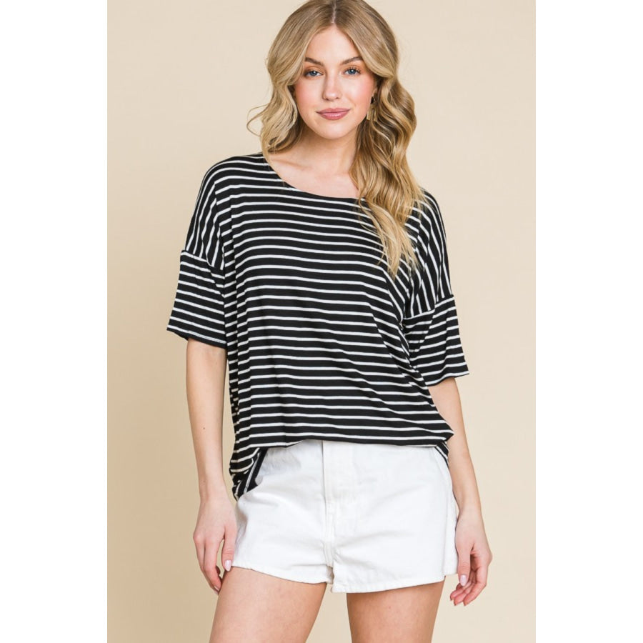 BOMBOM Striped Round Neck T-Shirt Apparel and Accessories