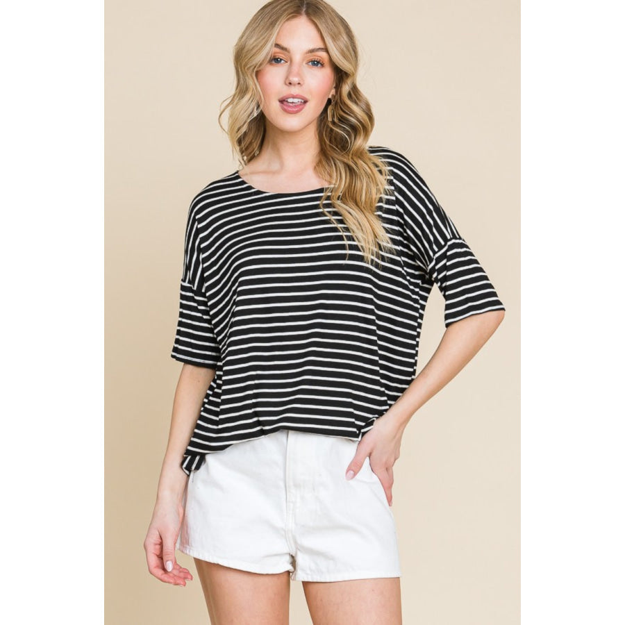 BOMBOM Striped Round Neck T-Shirt Black / S Apparel and Accessories