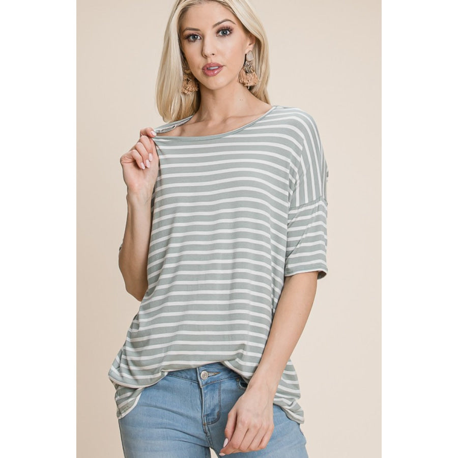 BOMBOM Striped Round Neck T-Shirt Apparel and Accessories