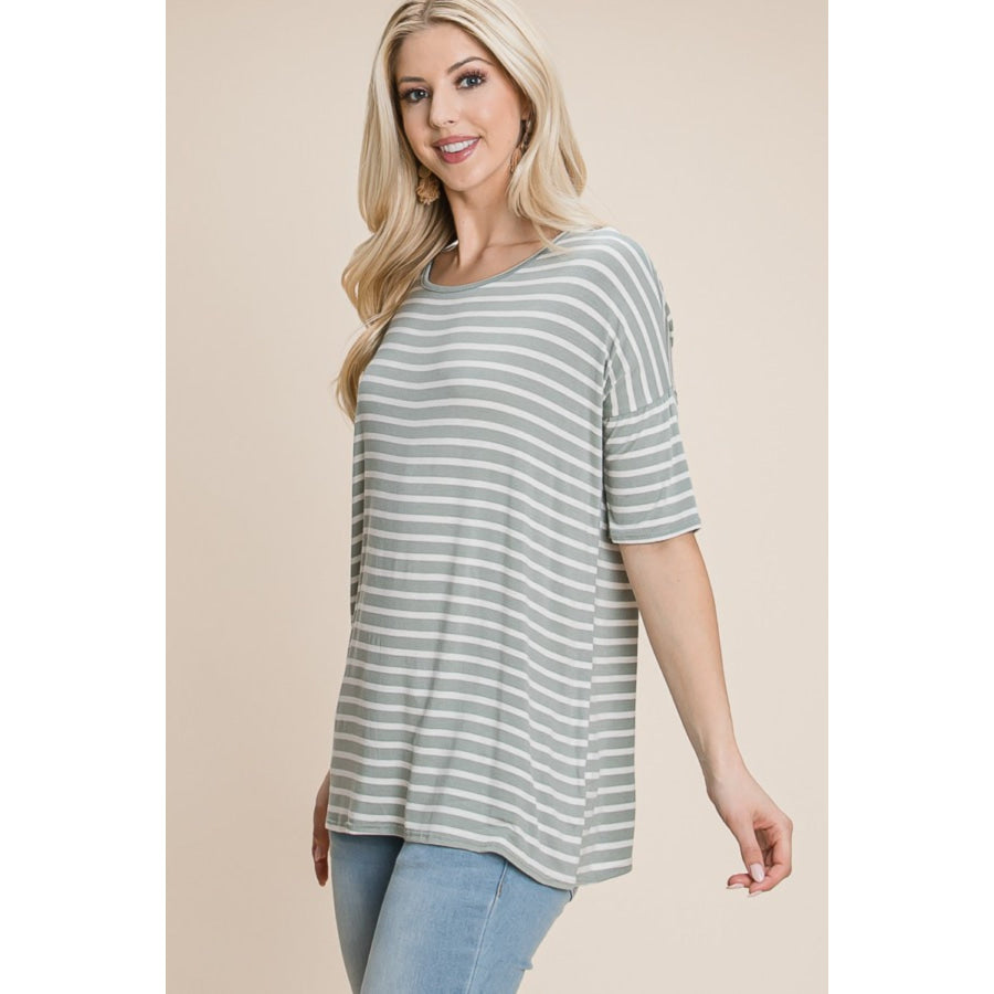 BOMBOM Striped Round Neck T-Shirt Apparel and Accessories