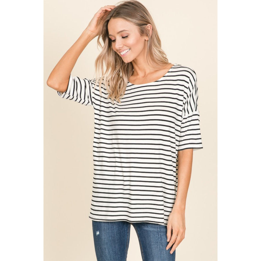 BOMBOM Striped Round Neck T - Shirt Apparel and Accessories
