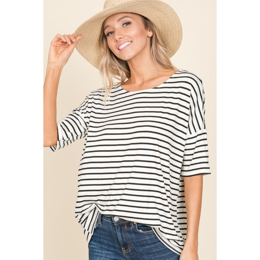 BOMBOM Striped Round Neck T - Shirt Ivory / S Apparel and Accessories