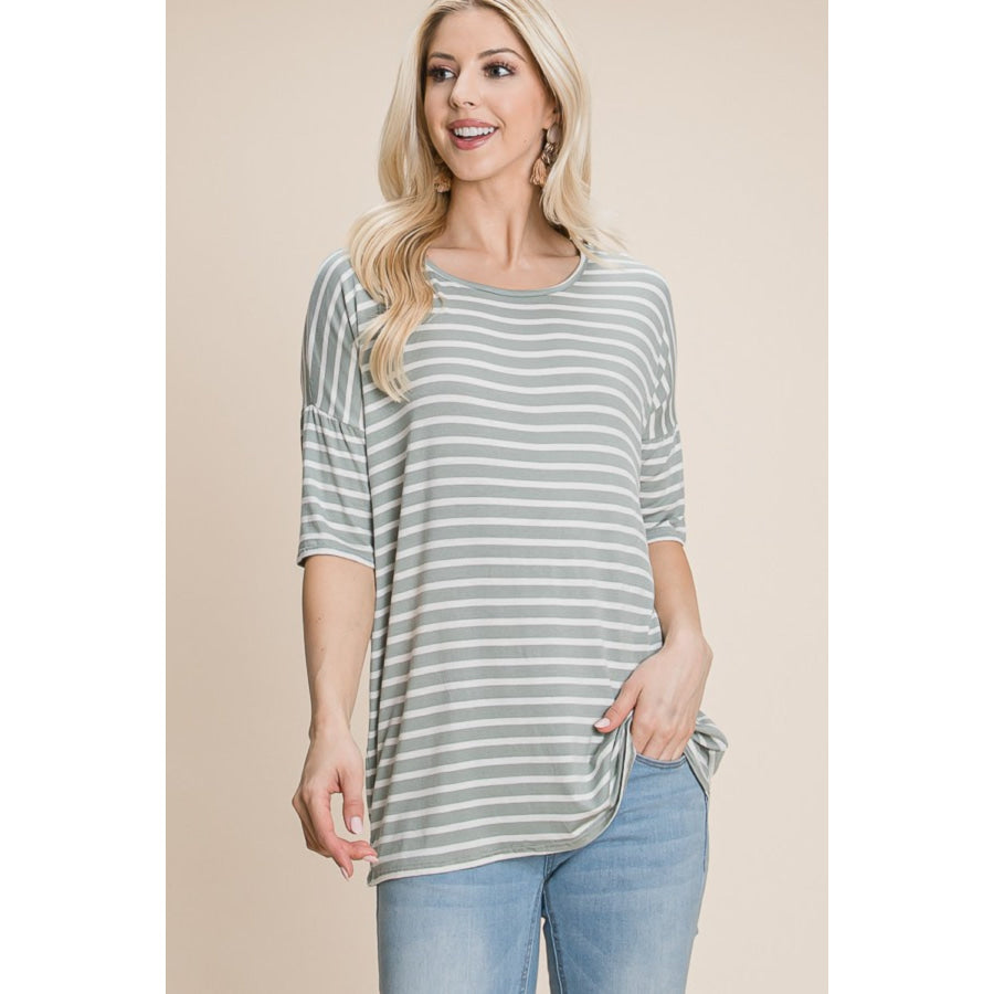 BOMBOM Striped Round Neck T-Shirt Sage / S Apparel and Accessories