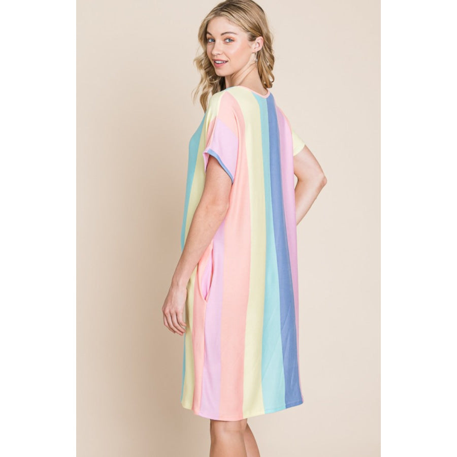 BOMBOM Striped Short Sleeve Dress with Pockets Stripe / S Apparel and Accessories