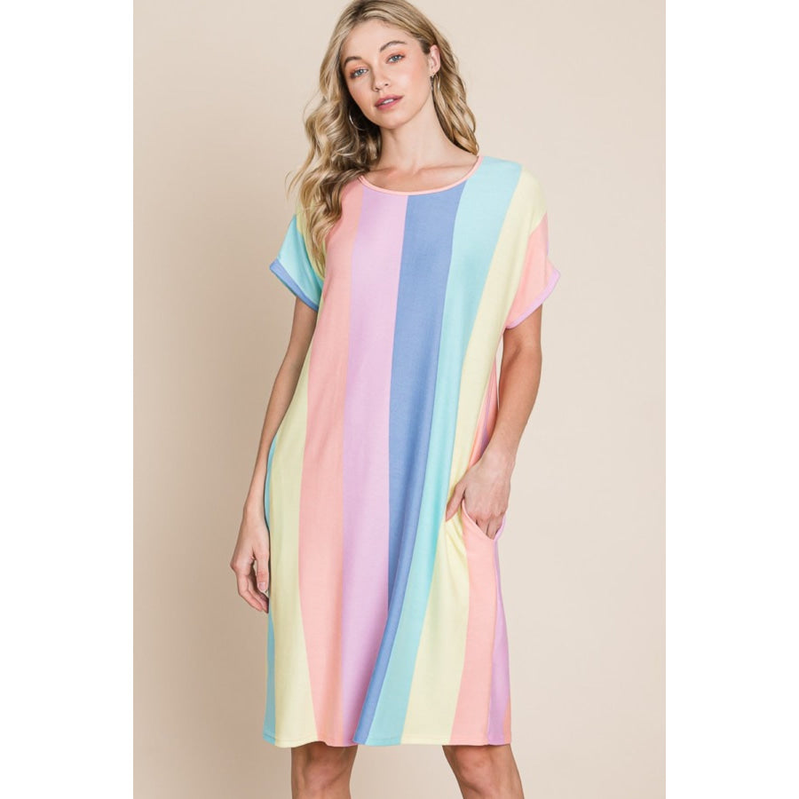 BOMBOM Striped Short Sleeve Dress with Pockets Apparel and Accessories