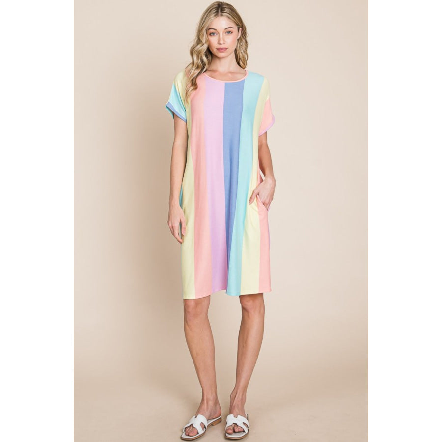 BOMBOM Striped Short Sleeve Dress with Pockets Apparel and Accessories